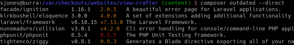 output from composer outdated in a terminal