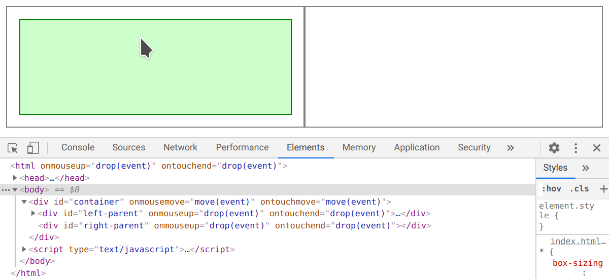 Animation of an element changing parents when dragged around the page