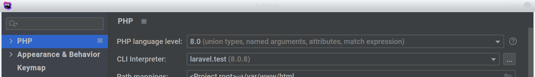 The PHP section of PHPStorm Settings.