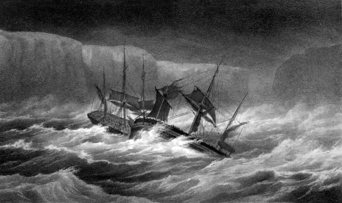 A pair of old sailing ships struggling in stormy waters.