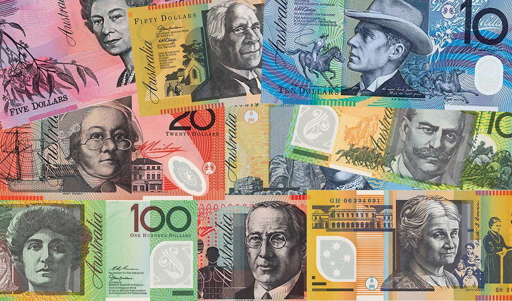 Australian banknotes of various denominations spread around and filling the image.