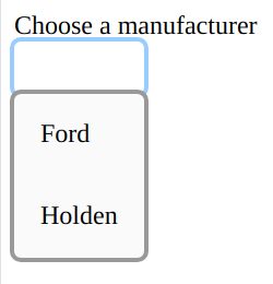 A label Choose the manufacturer, followed by an empty box with a blue border, which is further followed by a box with a grey border containing the words Ford and Holden.